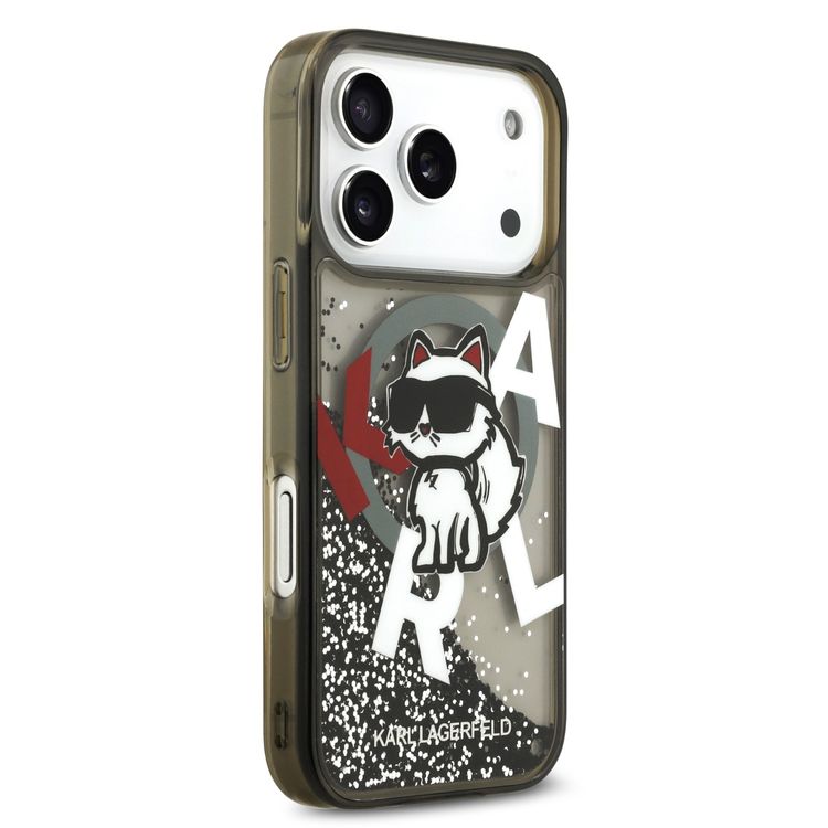 Karl Lagerfeld MagSafe Liquid Glitter Case with Scattered Choupette Logo for iPhone 17 Pro Max, Slim Profile, Drop Protection, Easy Snap-On, Sustainable Packaging, Comfortable Grip, Lightweight Design - Black