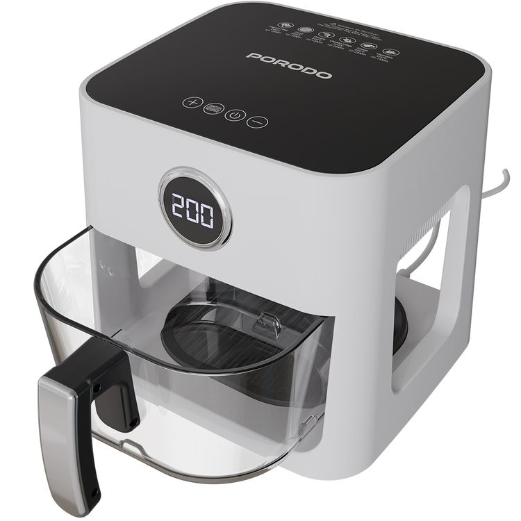 Porodo Lifestyle Glass Pot Air Fryer with 5L Capacity, Up to 60 Minutes Timer, 8 Presets, 360° Panoramic View, 1200W Rated Power, Food-Grade Glass Spot, Touch Panel - White