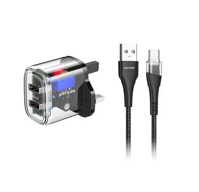 شاحن Porodo شفاف بمخرج مزدوج مع كابل USB-A إلى النوع C - ...