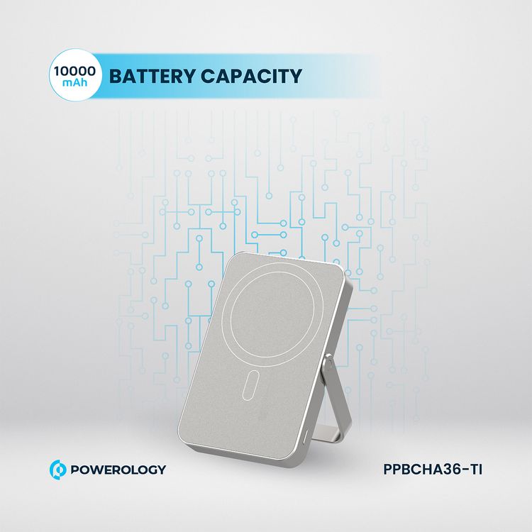 Powerology 10000mAh Magsafe Glass Surface Power Bank, Compact Design, Type-C & Wireless output, Integrated Stand, Aluminum Material, 20W Power Delivery, Cable-Free - Titanium 