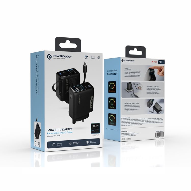 Powerology 100W TFT Adapter with Retractable Type-C Cable, GaN Technology, Ultra-Fast Charging, Multi-Device Charging, Built-in Safeguards, AI Temperature Protection, High Performance, Medium Load, Eco-Cool,  70cm Cable Length, 50/60 Hz Rated Frequency - Black