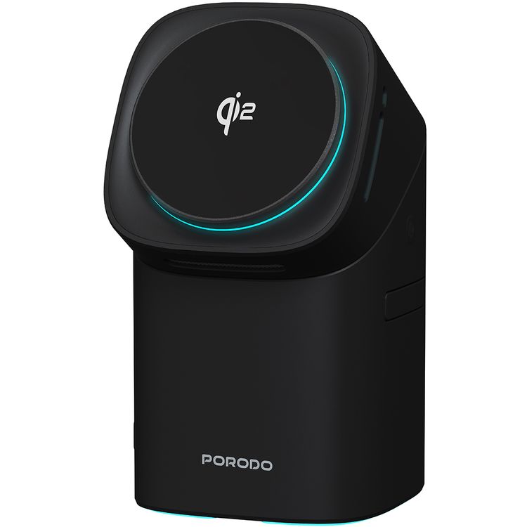 Porodo 3-in-1 Wireless Charger,  Auto Rotation, Type-C Charging Interface, Auto-Slide Modular - Black