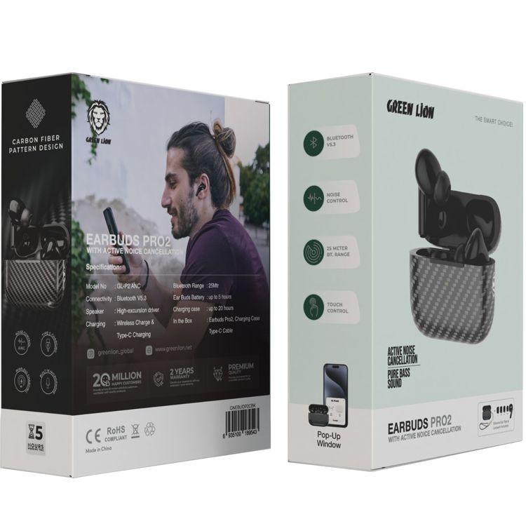 Green Lion Earbuds Pro 2 with ANC, Touch Control, Silicone Ear Tips & Lanyard Included, Up to 5 Hours Earbuds Battery Life, 25 m Bluetooth Range - Carbon Black