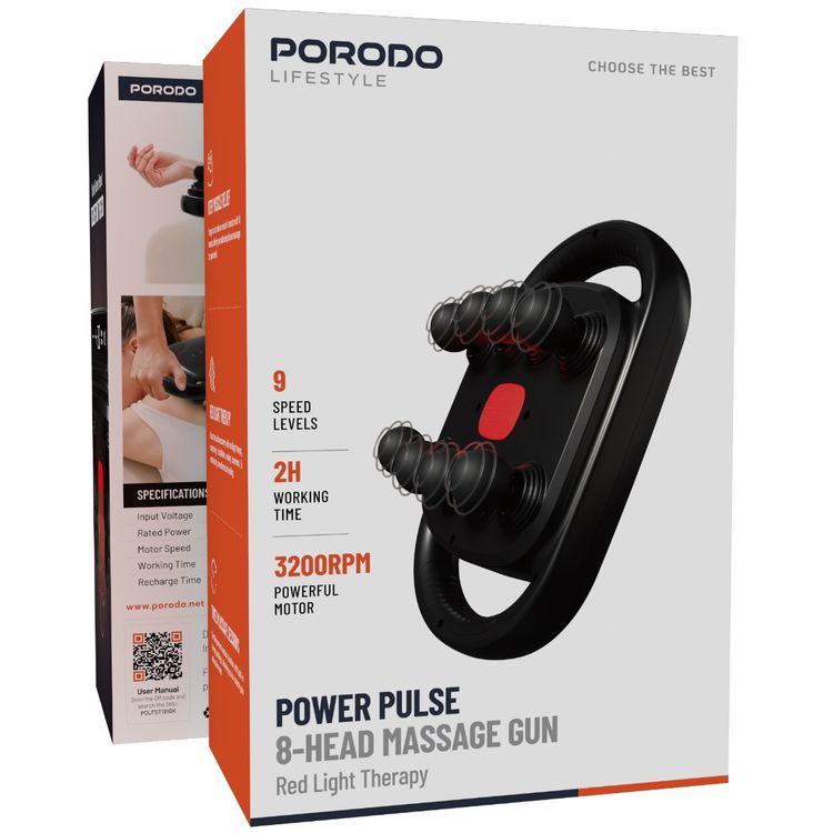 Porodo Lifestyle Power Pulse 8-Head Massage Gun with Red Light Therapy, 9 Speed Levels, 2 Hours Working Time, 3200 RPM Motor Speed, 25W Rated Power, 1500mAh Battery Capacity, USB-C Charging Port, Timed Massage Sessions, Deep Muscle Relief - Black
