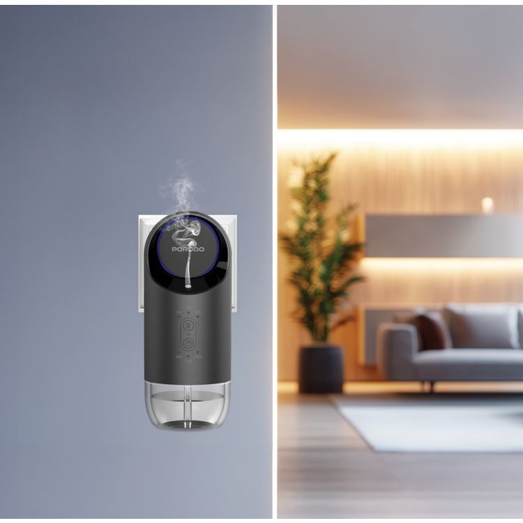 Porodo Wall Plug-in Essential Oil Diffuser with Customizable Mist Intervals, 120mL Capacity, 200-250m³ Coverage Area, 60s, 180s & 360s Timer Settings, Refill Indicator Light, Waterless Diffusion - Black