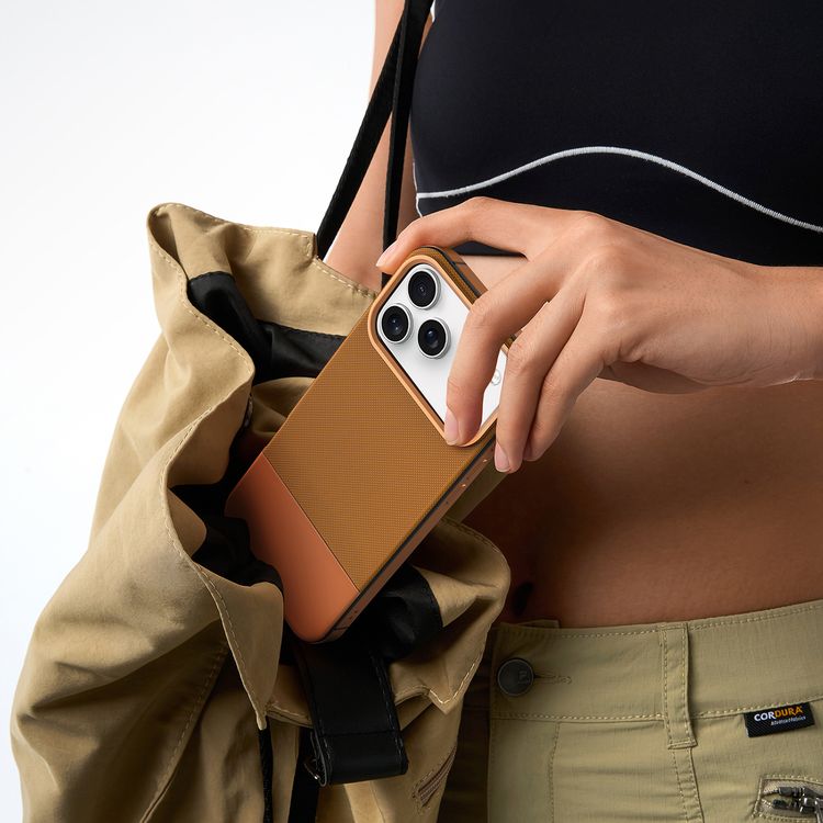 Levelo Cuir Leather Hybrid Case with Comfortable Grip for iPhone 17 Pro, Strong Magnets & MagSafe Compatible, Shock-Resistant Bumper, Aluminum Alloy Frame for Camera & Buttons, Drop-Tested - Sunrise Orange