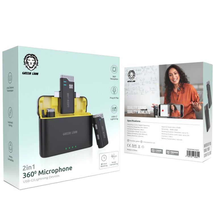 Green Lion 3-in-1 360° Microphone with Up to 21 Hours Working Time, USB-C & Lightning Connector Ports, Up to 20m Transmission Range, Noise Canceling, Automatic Pairing - Black
