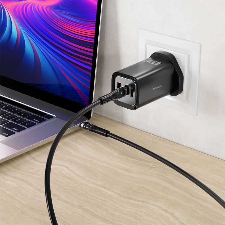 Porodo Triple Output Quick Wall Charger with 65W Power Delivery, Built-in Safeguards, Simultaneous Charging, 22.5W USB-A Output, Laptop Charging Compatibility - Black