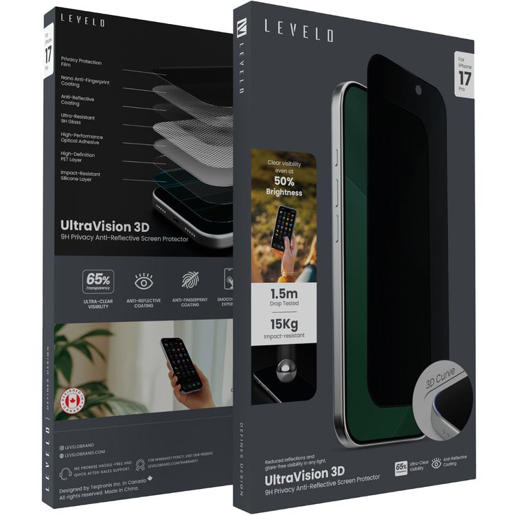 Levelo Ultra Vision 3D Privacy Screen Protector for iPhone 17 Pro, 9H Hardness, Oleophobic Coating, Anti-Glare, Anti-Fingerprint, Anti-Reflective Coating, High-Definition PET Layer, Impact-Resistant Silicone Layer - Black