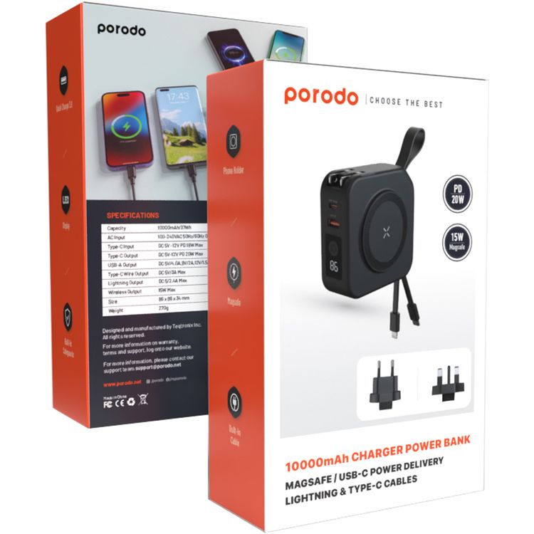 بنك طاقة بورودو 5 في 1 مع لوحة شحن لاسلكية، كابل Lightning وType-C متضمن، QC 3.0، PD 20 واط، MagSafe 15 واط، منافذ USB-A وUSB-C، حماية مدمجة، شاشة LED - أسود