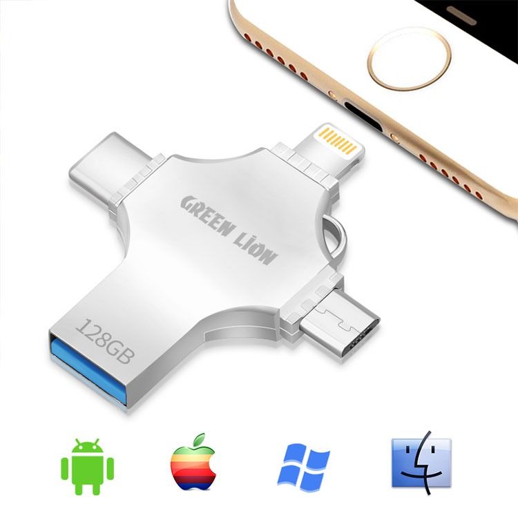 Green Lion 4-in-1 USB Flash Drive 128GB with High Speed Data Transfer, USB-A, USB-C, Micro USB & Lightning Connectors - Silver