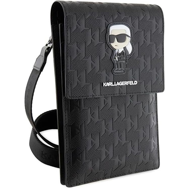 Karl Lagerfeld Saffiano Mono Ikonik Wallet with NFT Logo, Adjustable Shoulder Strap, Multiple Compartments, 3 Card Slots, Water Resistant - Black