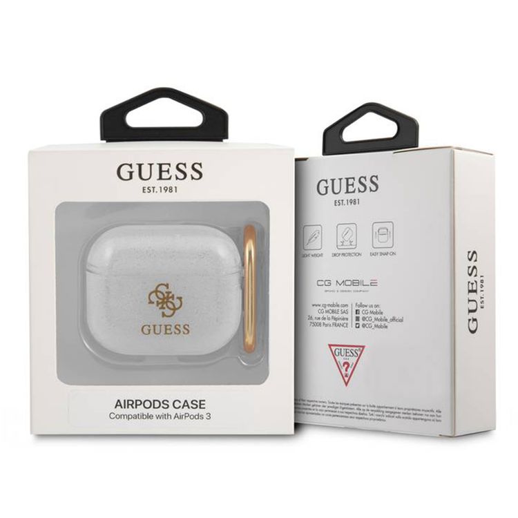 Guess Colored Glitter Case for AirPods 3, TPU, Drop Protection, Easy Snap-On, Practical Handle for Attachment - Transparent