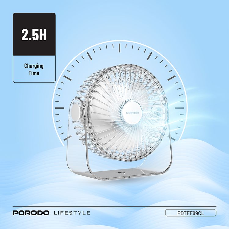 Porodo Portable Transparent Cooling Fan with Nightlight, 120° Oscillation, 3 Speed Levels, 3000mAh Battery Capacity, 3-9.5 Hours Working Time, 2.5 Hours Charging Time, ABS Material, Type-C Charging Interface, Whisper-Quiet Operation - Clear