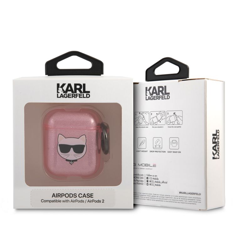 CG Mobile Karl Lagerfeld TPU Glitter Printed Embossed Choupette with Ring Case Compatible with AirPods 1 & 2, Scratch & Drop Protection Cover Officially Licensed - Pink
