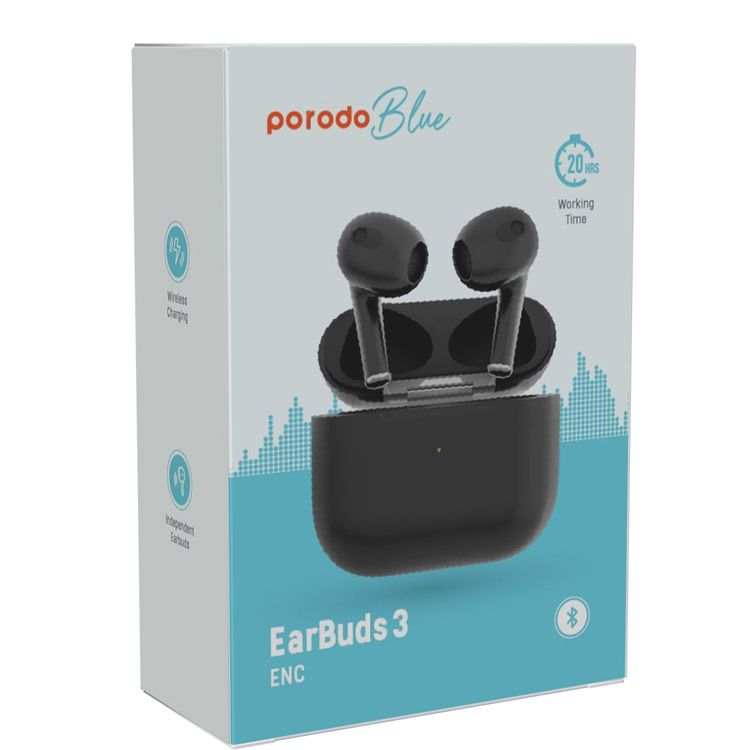 Porodo Blue Deep Bass Wireless Earbuds 3, 20 Hours Working Time, Type-C Charging Port, Environmental Noise Cancellation, Independent Earbuds, Touch Control - Black