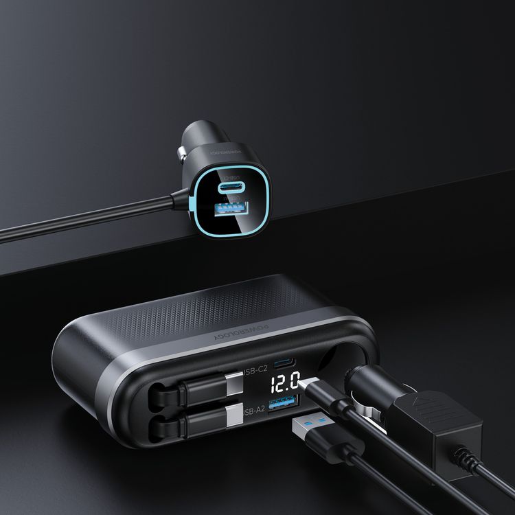 Powerology Currnex 60W Multi-Port Car Charger with 12V Socket, Dual Retractable Cables, Durable Aluminum Alloy, High-Speed Charging, Voltage Display, PD 30W, QC 30W, LED Ambient Light, Multi-Device Charging - Black