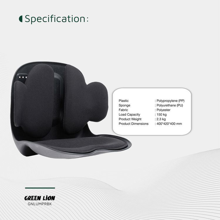 Green Lion Lumbar Pro Adjustable Back Posture Support with PP, PU & Fabric Material, 150kg Max Load Capacity, EVA Cushion Pad, Posture Support - Black