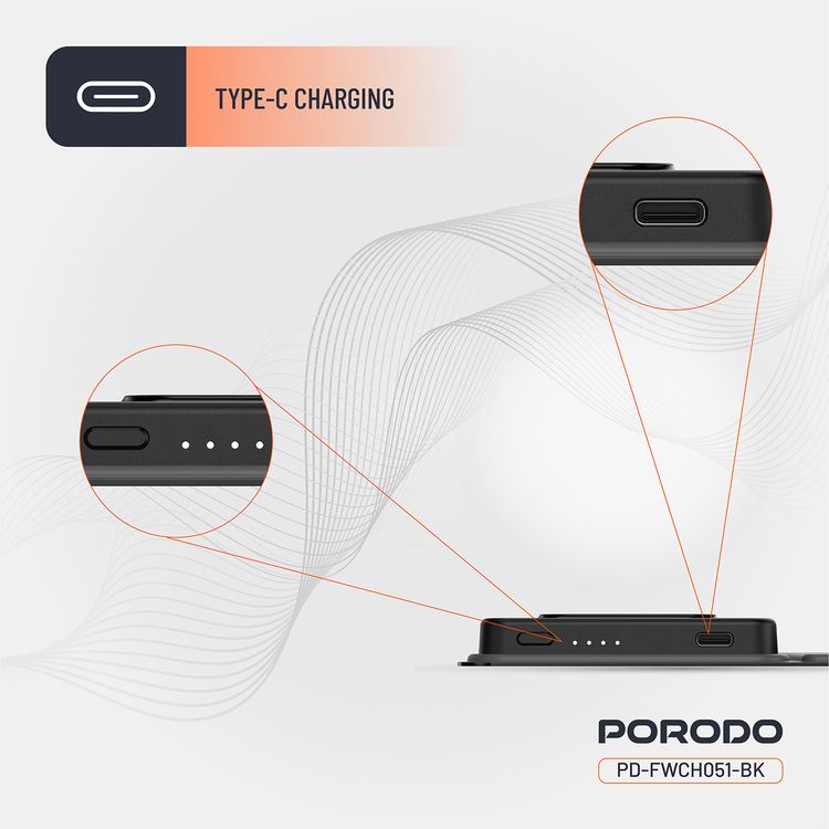 Porodo 8000mAh Folding 4-Device Charger with 10W Wireless Output, Fast Charging Support, 20W Power Delivery, Folding Design, Wide Compatibility - Black