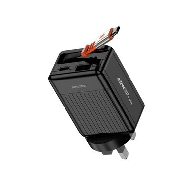 Porodo Super Quick GaN Charger with 75cm Retractable Type-C Cable, 42W Power Delivery, Simultaneous Charging, 22.5W USB-A Output, Built-in Safeguards - Black