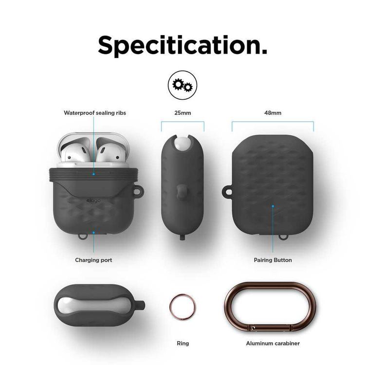 Elago Waterproof Active Case Compatible for Apple Airpods, Waterproof & Dustproof, Convenient for Charging, Aluminum Carabiner for Belt Strap/Bag, Impact Resistant - Dark Gray