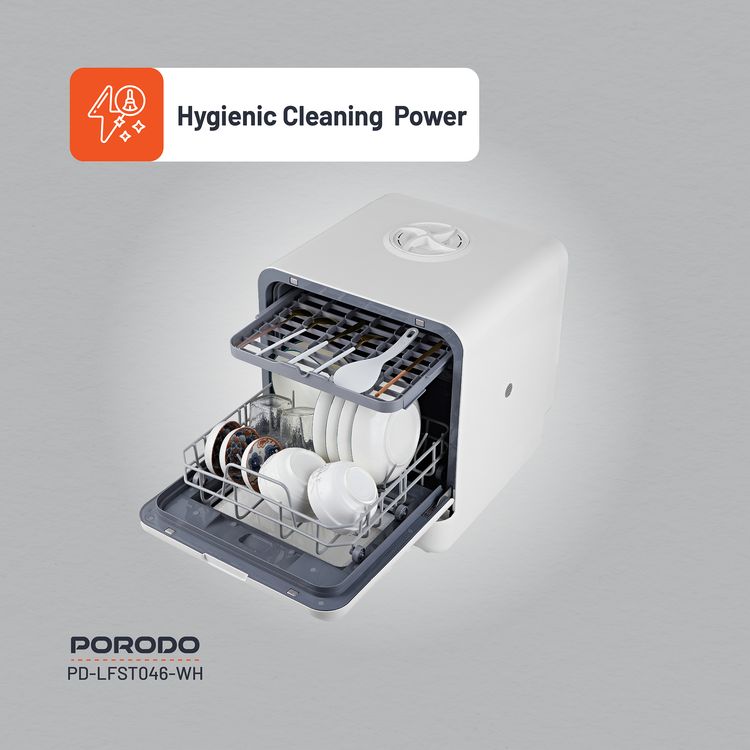 Porodo Lifestyle Counter-Top Dishwasher 220V, 5L Water Tank Capacity, 25L Space Capacity, Hot Air Drying, Hygienic Cleaning Power, UV Sterilization - White