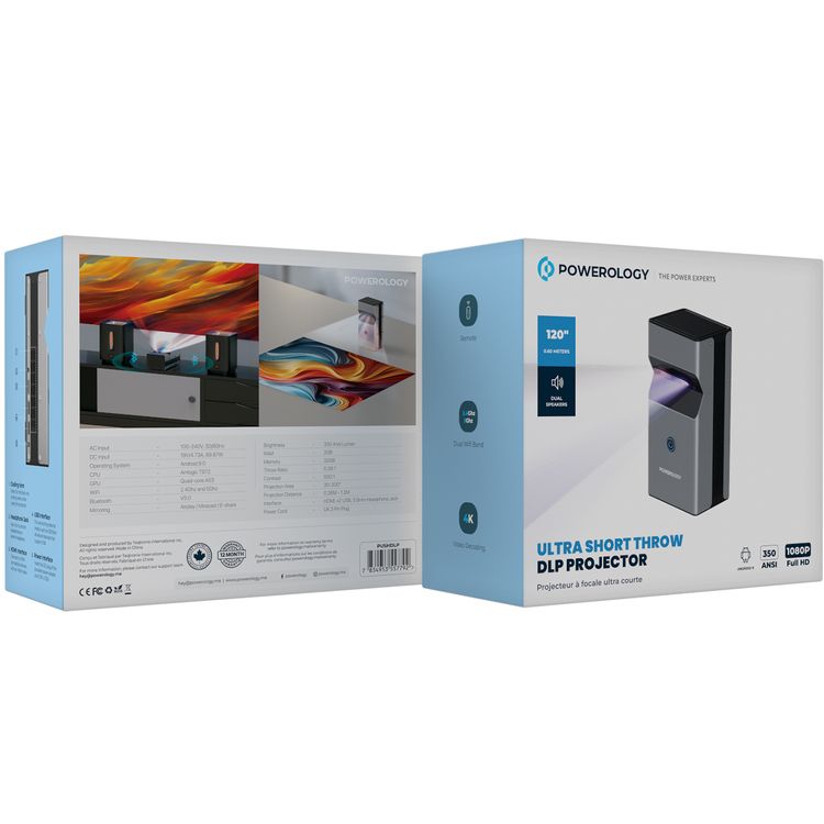 Powerology 4K Ultra Short Throw DLP Projector, 350 Ansi Lumen Brightness, 2GB RAM, 16GB Storage, Bluetooth V5.0, 30-200" Contrast, 500:1 Projection Area - Black 