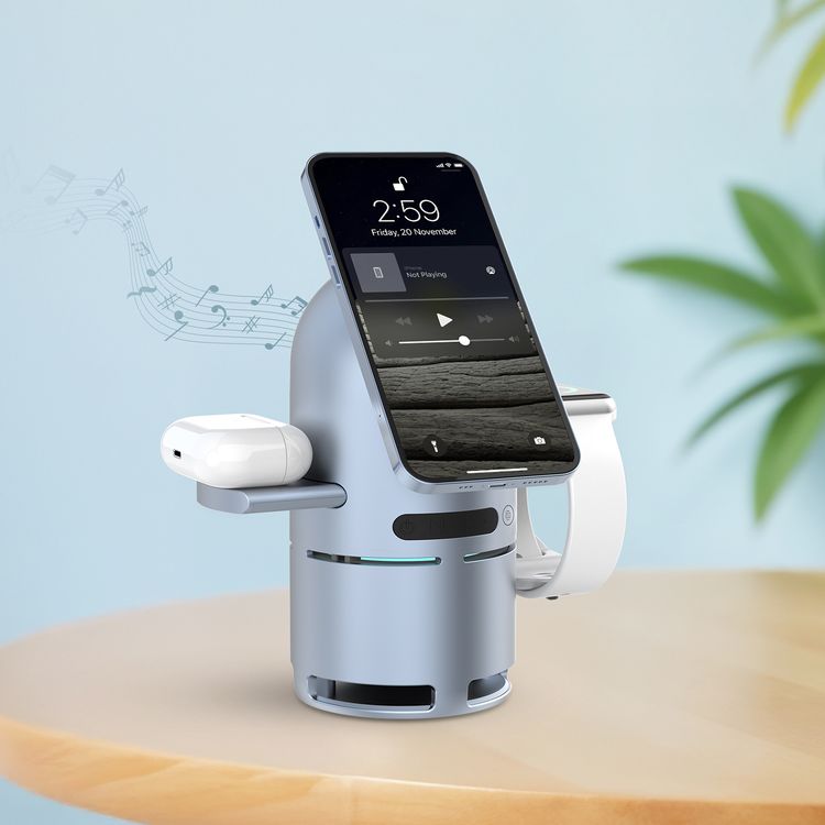 Powerology Qi2 Speaker Charge Station with Pop-Out Charging Dock, 15W Maximum Phone Output, 1000mAh Battery Capacity, Bluetooth Version 5.3, Built-in Safeguards - Gray