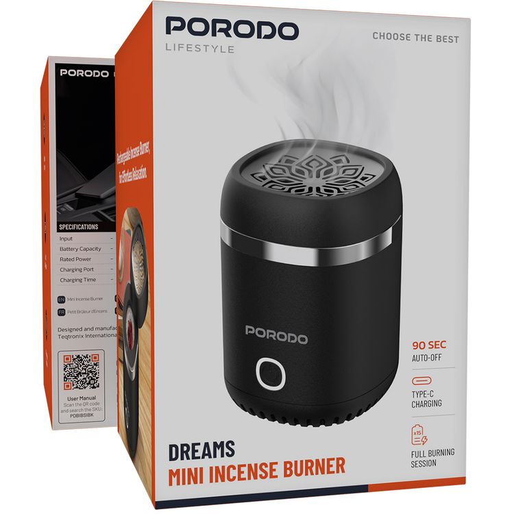 Porodo Dreams Mini Incense Burner with Auto-Off Safety Feature, Full Burning Session, Type-C Charging, Whisper-Quiet Operation, Wide Area Coverage, 1800mAh Battery Capacity - Black