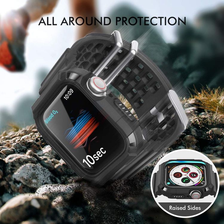 AhaStyle Matte TPU Adjustable Replacement Wrist Band Strap with Rugged Protective Drop Shock Resistant Bumper Watch Case Compatible for Apple Watch 42/44mm - Black