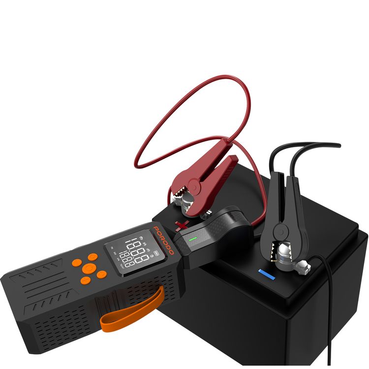 Porodo 4 In 1 Multi-Tool Inflator & Jump Starter with 15,200mAh Battery capacity, Smart Air Pump, 150 PSI Max Pressure, Accurate LCD Gauge, 1000A Peak Current, Emergency LED Lighting, 50cm Air Hose - Black