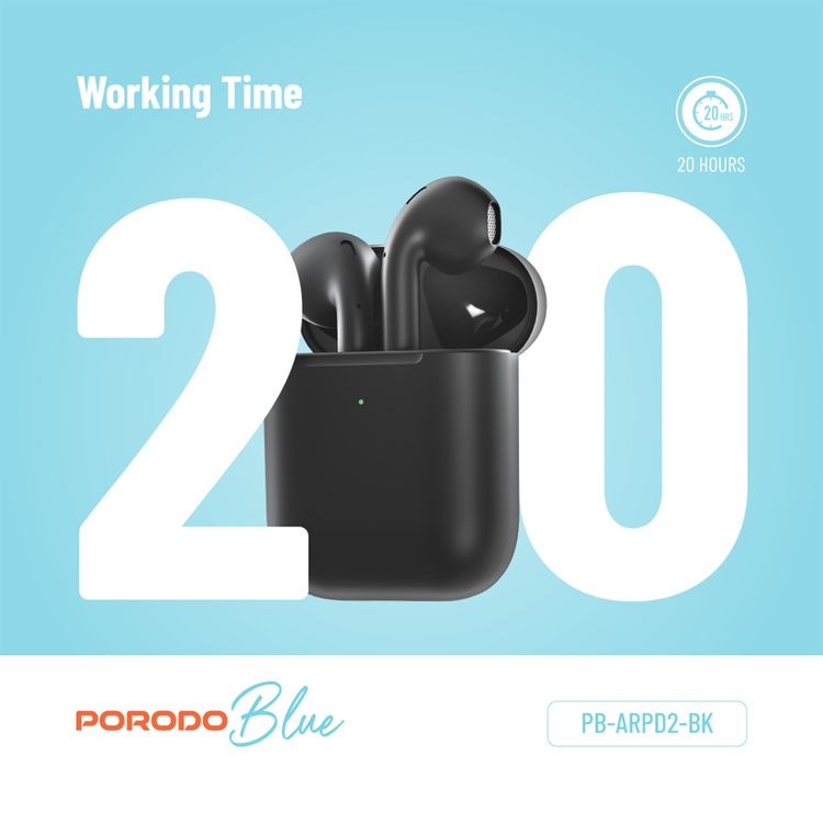 Porodo Blue Deep Bass Wireless Earbuds 2, One-Step Pairing, Comfortable Fit, Independent Earbuds, Touch Control, Deep Bass - Black