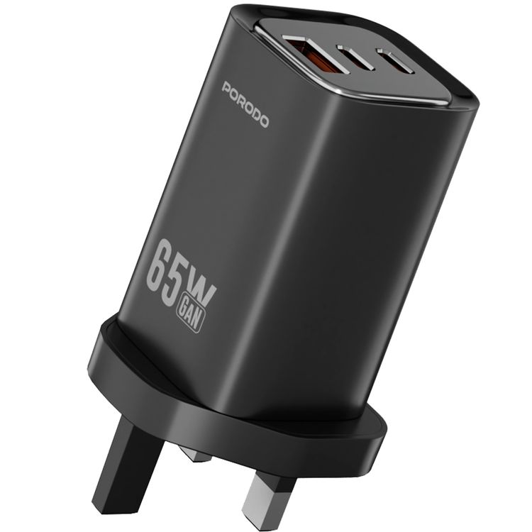 Porodo Triple Output Quick Wall Charger with 65W Power Delivery, Built-in Safeguards, Simultaneous Charging, 22.5W USB-A Output, Laptop Charging Compatibility - Black