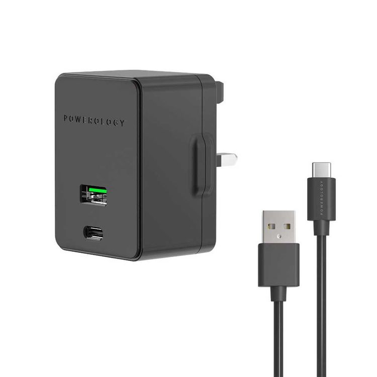 Powerology Dual Port Ultra-Quick PD Charger 36W with Type-C Cable 1.2m - Black	