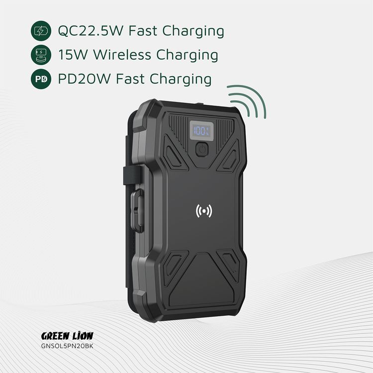Green Lion Solar 5-Panel 20000mAh Power Bank with LCD Battery Display, IP54 Waterproof, 3 LED Modes, QC 22.5W Fast Charging, 15W Wireless Charging - Black