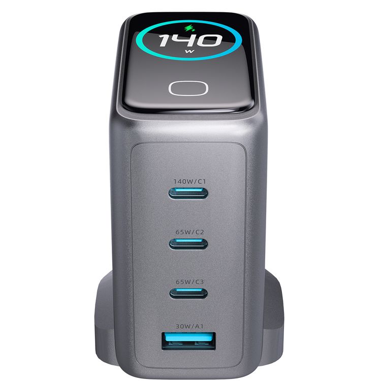 Powerology Voltflow 240W GaN 4 Ports Wall Charger with 1m | 3.2ft USB-C to USB-C Cable, PD 140W, Temperature Control, Smart TFT Display, Foldable UK Plug, High-Power Fast Charging, Simultaneous Charging, Intelligent Power Distribution - Black