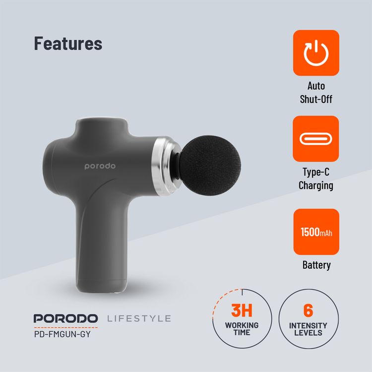 Porodo Lifestyle Precision Handheld Massager with 4 Interchangeable Heads, Up to 120 Minutes Working Time, 2 Hours Charging Time, Type-C Charging Port, 1500 mAh Battery Capacity, 15 W Rated Power, 6 Intensity Levels - Gray