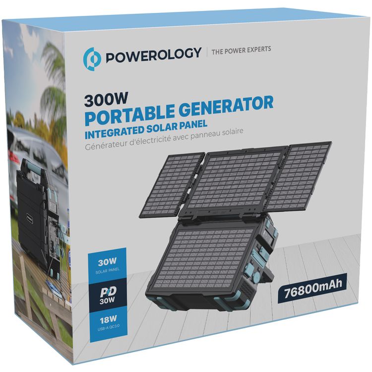 Powerology 76800mAh 300W Portable Power Generator Integrated Solar Panel, 18W QC 3.0, PD 60W, Car Charger Output 10A, 60W Type-C Input - Black
