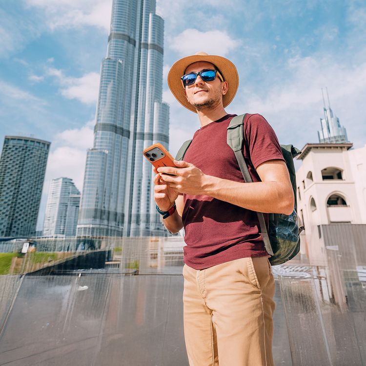 Levelo Vallo PU Leather Case for iPhone 17 Pro Max with Embroidery Dubai Finish, Comfortable Hold, Durable PU Leather, Raised Bezels for Camera and Screen, True Microfiber Interior Lining, Scratch & Wear Resistant, Shock-Resistant Bumper - Sunrise Orange