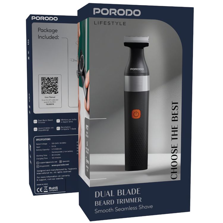 Porodo Lifestyle Dual Blade Beard Trimmer with 600mAh Battery Capacity, 90 Minutes Working Time, 130 Minutes Charging Time, Type-C Charging Port, Adjustable Guide Comb - Black