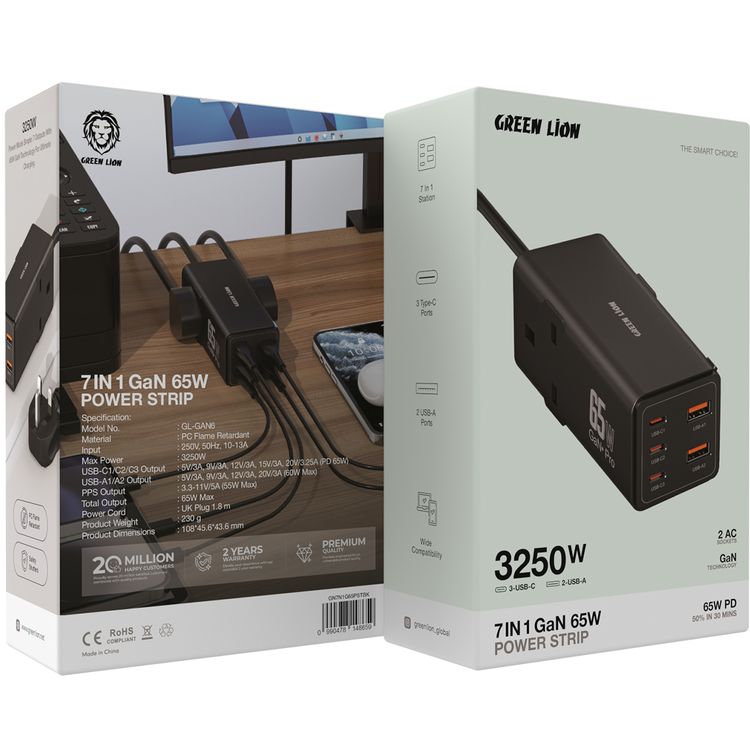 شريط الطاقة من جرين ليون 7 في 1 بقوة 65 واط من نوع GaN مع طاقة 3250 واط، مصنوع من مادة مقاومة للاشتعال من نوع PC، مع خاصية PD بقوة 65 واط، مغالق أمان، 3 منافذ نوع-C و 2 منافذ USB-A، 2 مآخذ كهرباء AC، متوافق على نطاق واسع - باللون الأسود.
