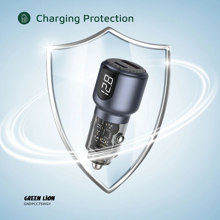 Green Lion Dual Port Car Charger with Digital Display, 75W Total Output, USB-C & USB-A Ports, Charging Protection, Heat Dissipation - Gray