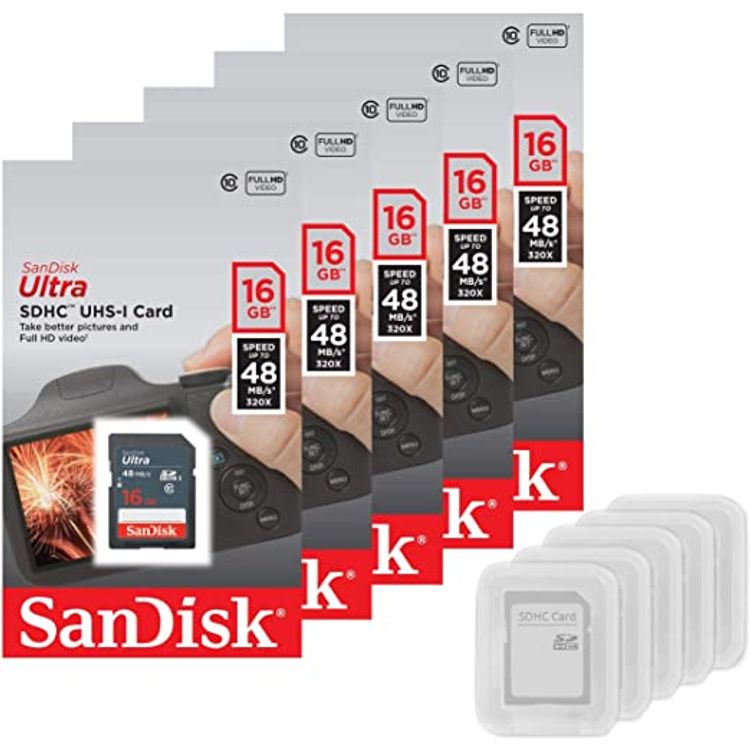 SanDisk Ultra 16GB SD SDHC Memory Flash Card UHS-I Class 10 Read Speed up to 48MB/s 320X SDSDUNB-016G-GN3IN Wholesale Lot + (5 Cases)