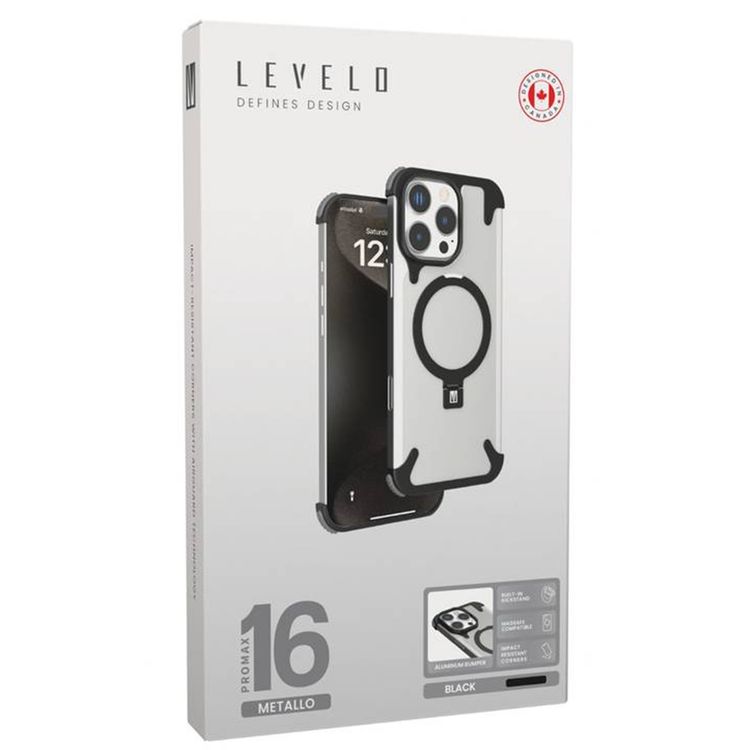 Levelo Metallo Aluminum Bumper Case for iPhone 16 Pro Max, MagSafe Compatible, Metal Kickstand, Impact Resistant Corners - Black 
