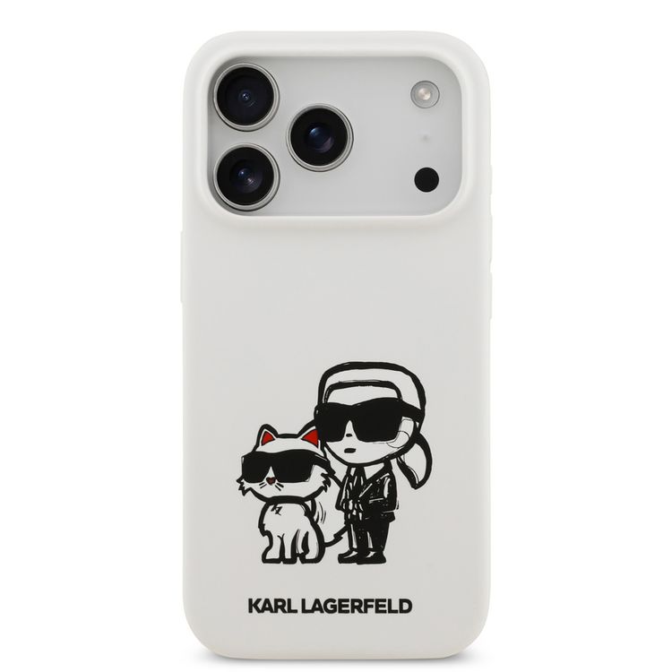 Karl Lagerfeld Liquid Silicone Case with Karl & Choupette Sketch for iPhone 17 Pro, Drop Protection, Slim Profile, Easy Snap-On, Sustainable Packaging, Comfortable Grip, Lightweight Design - White