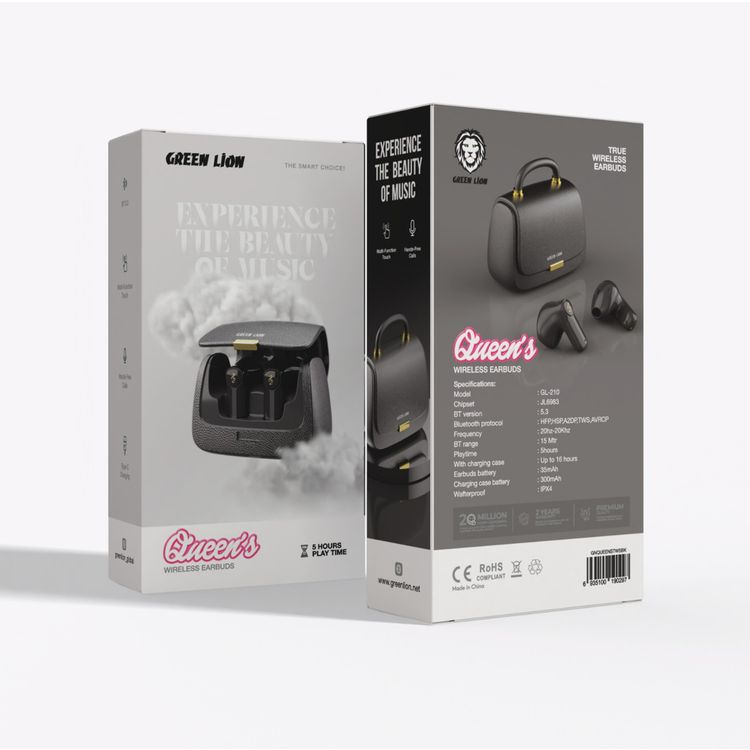 Green Lion Queen's Mini Bag Style True Wireless Earbuds, JL6983 Chipset, Bluetooth Version 5.3, Up to 15 m Bluetooth Range, 5 Hours Playtime, Up to 16 Hours with Charging Case, 300 mAh Charging Case Battery, IPX4 Water Resistance Level - Black