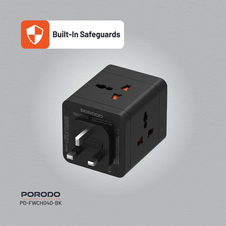 Porodo 4-AC Universal Power Block Adapter with USB-C & Dual USB-A Ports, Fast Charge, 20W Power Delivery, Built-in Safeguards, Simultaneous Charging, 2500W Rated Power - Black