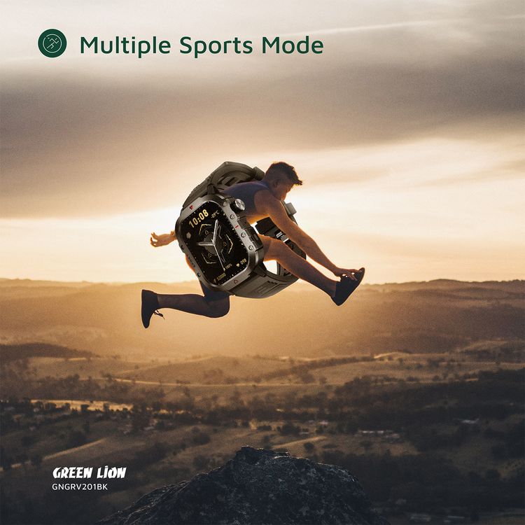 Green Lion Gravix Smart Watch with Multiple Sport Modes, 200mAh Battery Capacity, Remote Capture, IP65 Water Resistance Level, Bluetooth Version 5.3, Heart Rate Monitor  - Black 