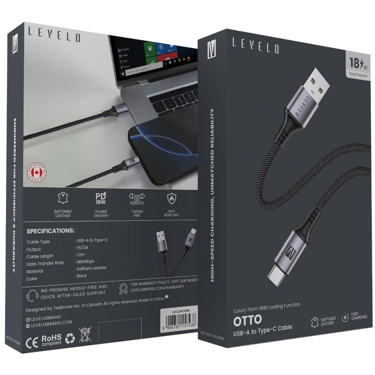 كابل Levelo Otto من USB-A إلى USB-C مع مقاومة للحرارة، شحن سريع ومزامنة البيانات، معدل نقل بيانات 480 ميجابت في الثانية، خالٍ من التشابك، طول الكابل 1.2 متر - أسود