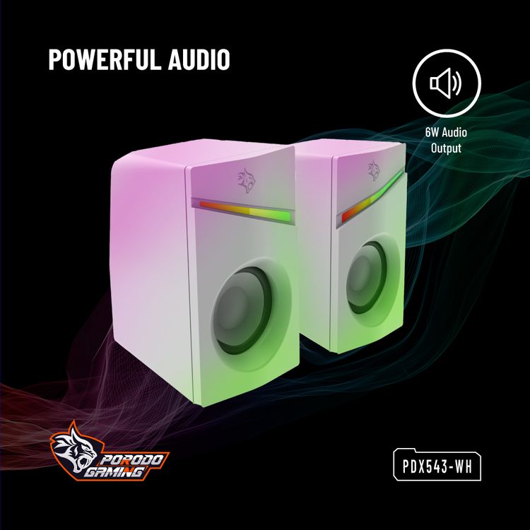  Porodo Gaming Stereo Speakers with Volume Knob Control, Broad Compatibility, Plug & Play, 6W Audio Output, 3.5mm  Audio Interface, 7 Colors Rainbow Lighting - White